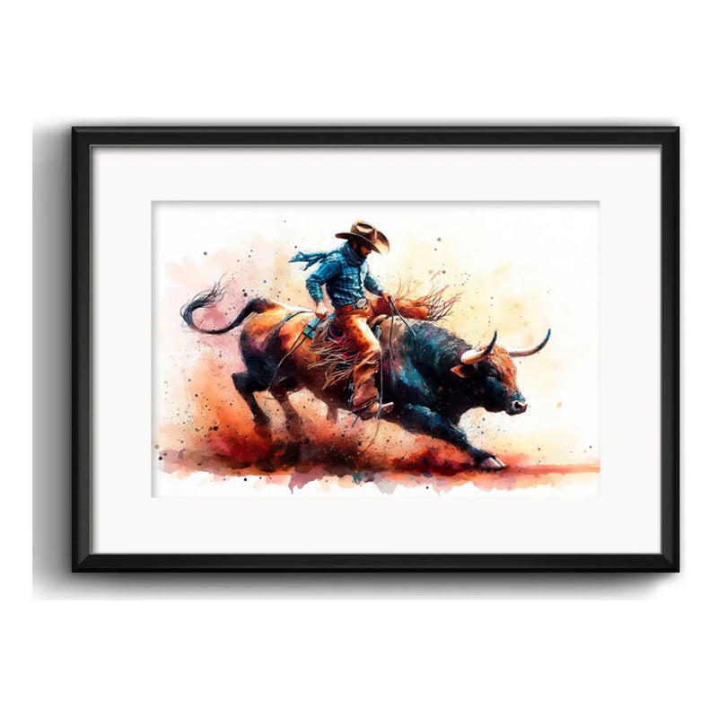 Cuadro Rodeo Jinete Pop Art Toro Decoracion Con Paspartú Modelo 1 Con Marco Negro