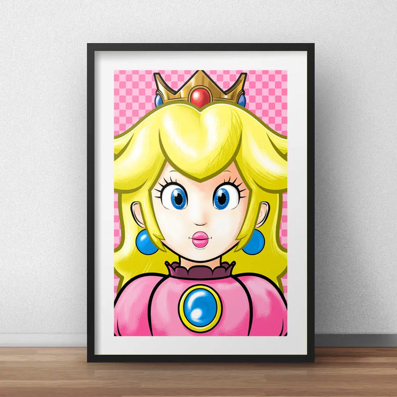 Cuadro Princesa Peach Pop Art Mario Bros Game Con Paspartú Marco Negro