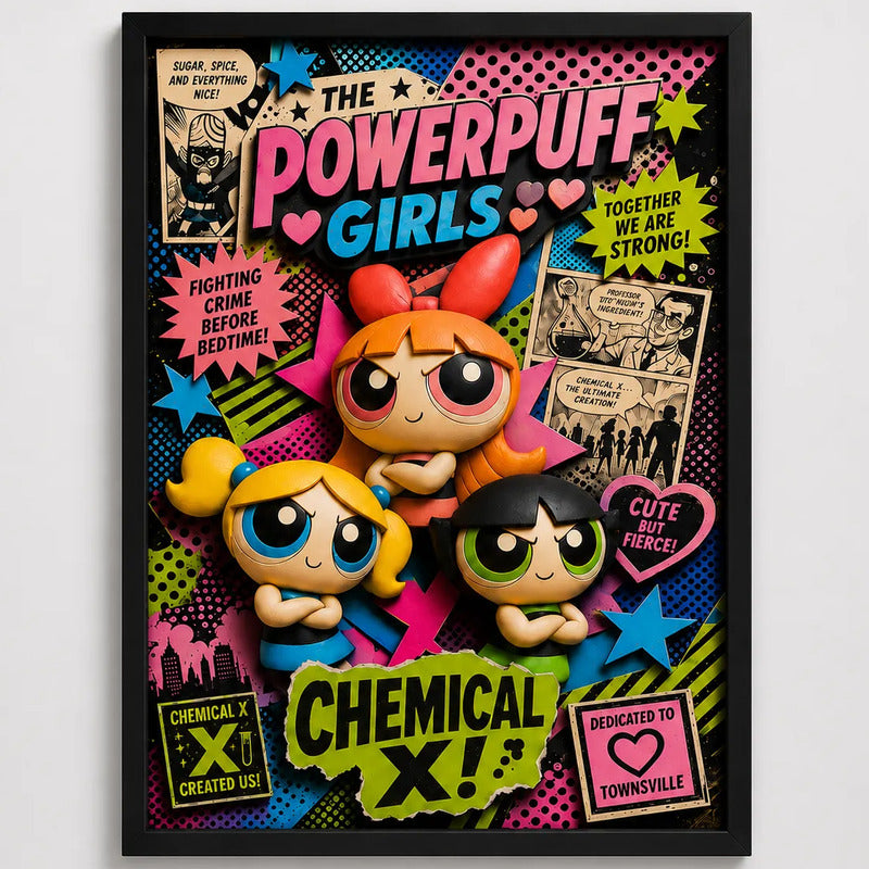 Cuadro Las Chicas Superpoderosas Powerpuff Girls Efecto 3d Marco Negro