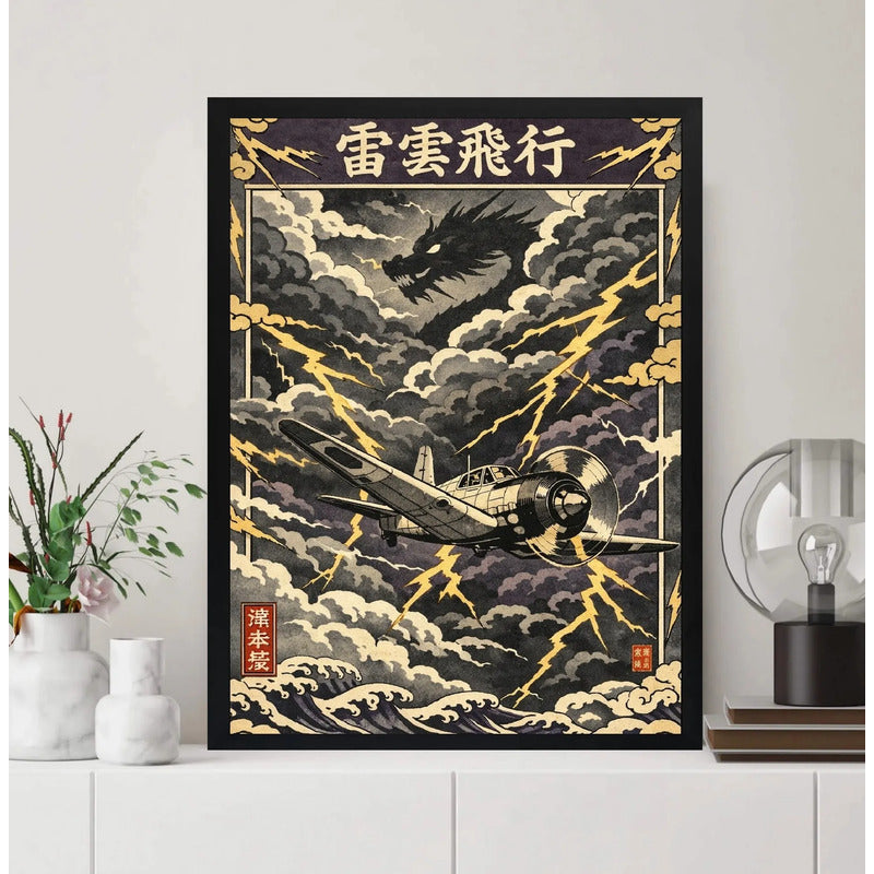 Cuadro Avion Japonés Guerra Vuelo Tormenta Dragon Oriental Marco Negro