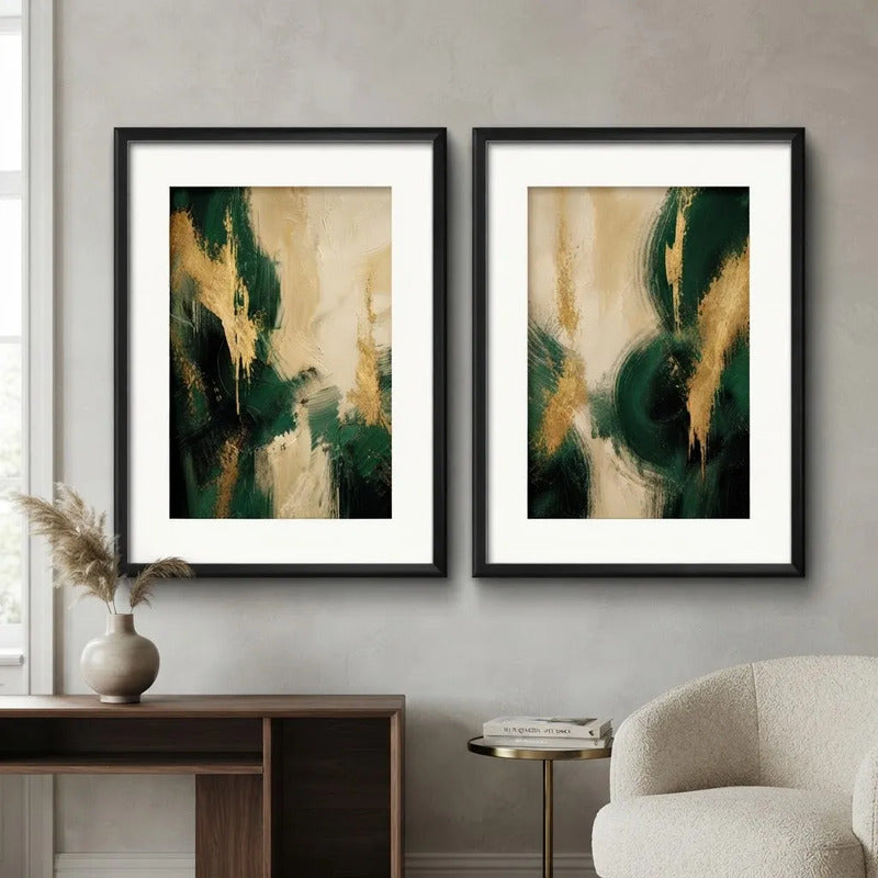 Set 2 Cuadros Boho Arte Abstracto Verde Beige Con Paspartu 43x33cm Cada Cuadro Negro
