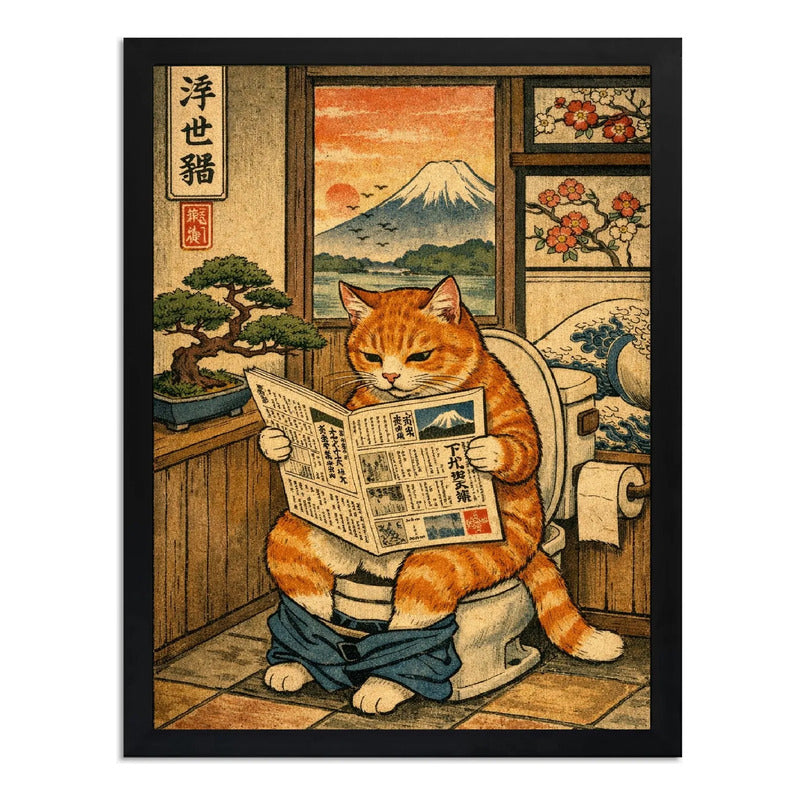 Cuadro Gato Naranja Bano Japón Bonsai Fuji Decoracion Marco Negro