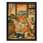 Cuadro Gato Naranja Bano Japón Bonsai Fuji Decoracion Marco Negro
