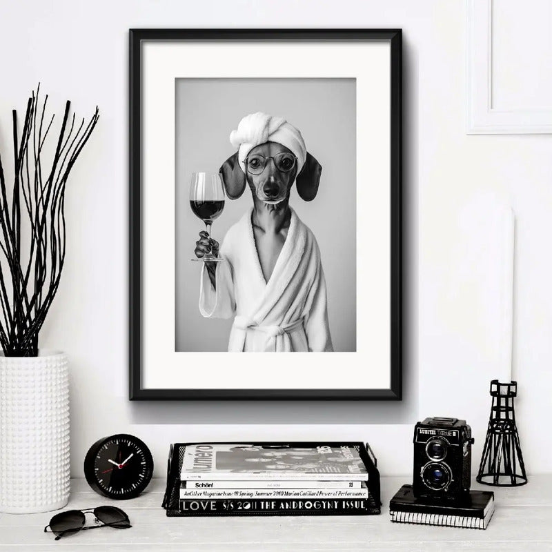 Cuadro Perro Con Bata De Bano Tomando Vino Arte Con Paspartú