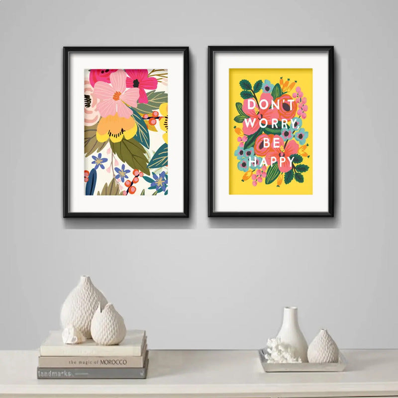 Set 2 Cuadros Flores Pop Art Frase Don't Worry Con Paspartú