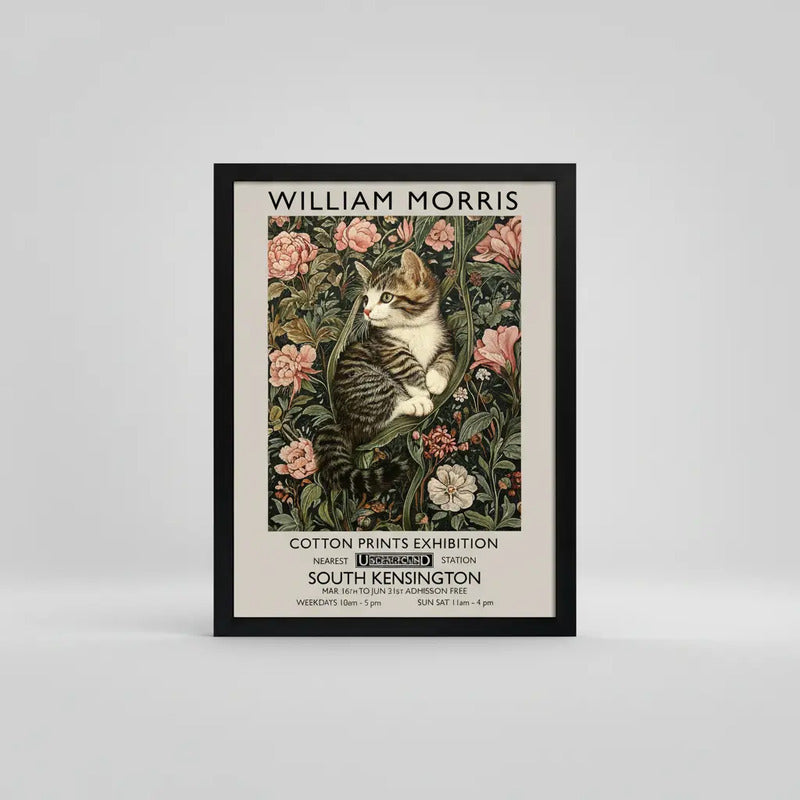 Cuadro Gato Flores William Morris Gatito Arte Exposición Marco Negro