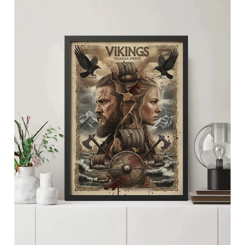 Cuadro Vikings Serie Tv Vikingos Arte Medieval Decoracion B2 Marco Negro