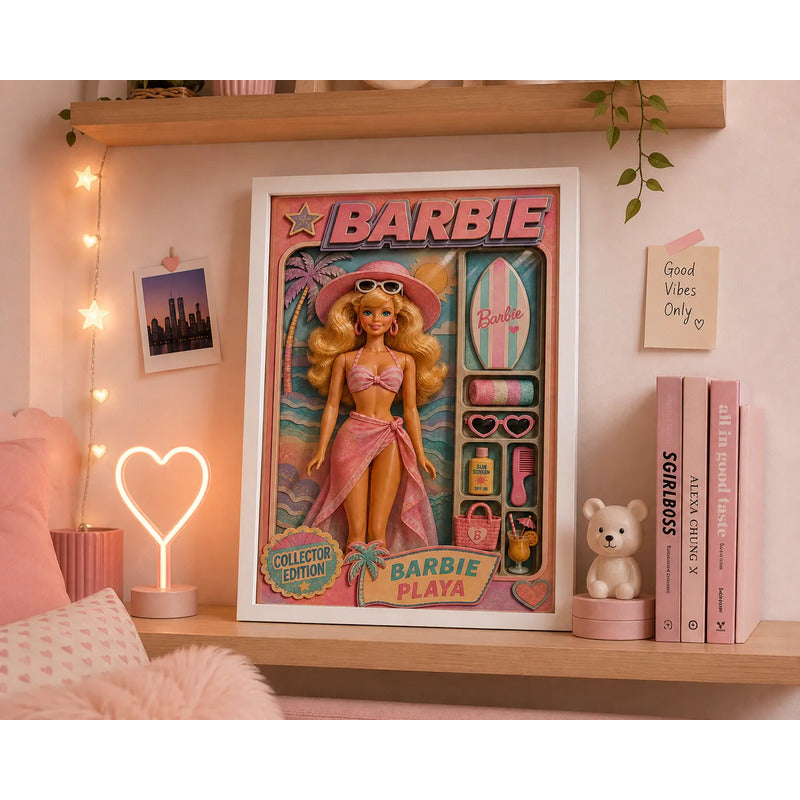 Cuadro Barbie Playa Beach Decoracion Dormitorio Muñeca Marco Blanco