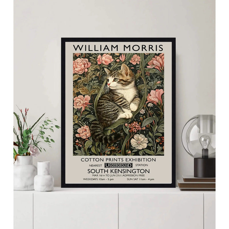 Cuadro Gato Flores William Morris Gatito Arte Exposición Marco Negro