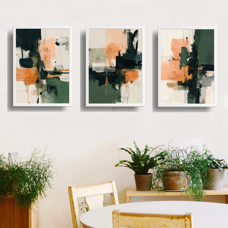 Set 3 Cuadros Dormitorio Living Abstracto Arte Verde Durazno Marco Blanco