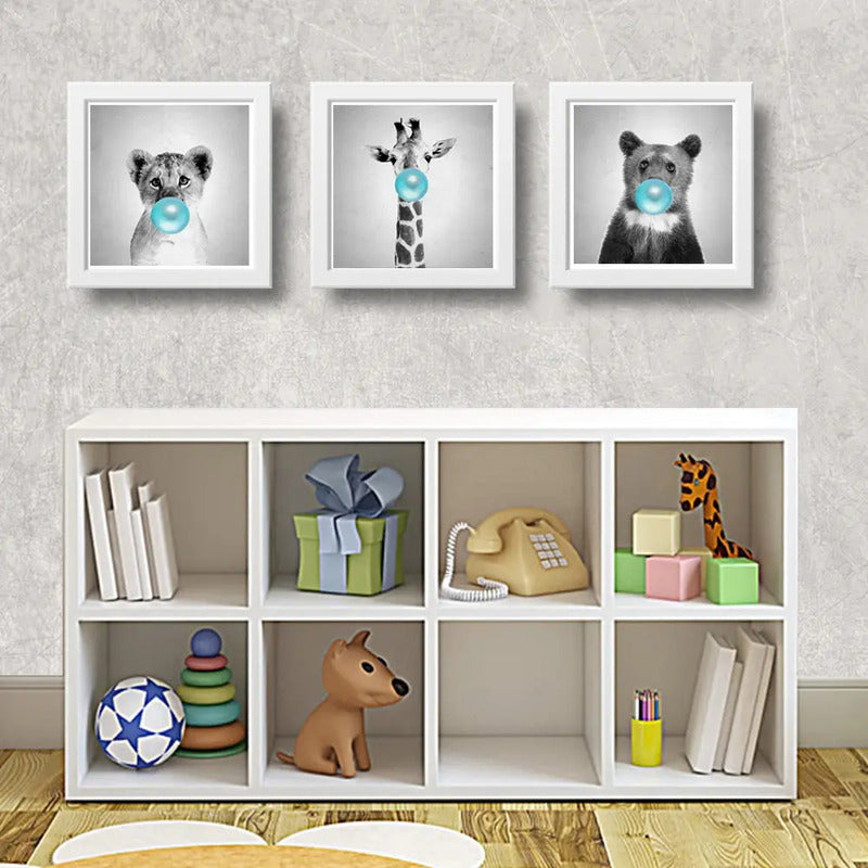 Set 3 Cuadros Leon Jirafa Oso Chicle Baby Animals Pop Art Marco Blanco