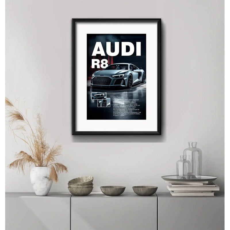 Cuadro Audi R8 Auto Modelo Deportivo 53x43cm Con Paspartú Marco Negro