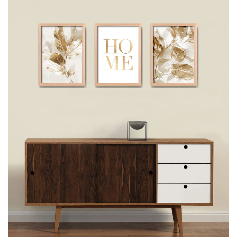 Set 3 Cuadros Hojas Doradas Home Botanica Tonos Suaves Marco Madera Natural Oak