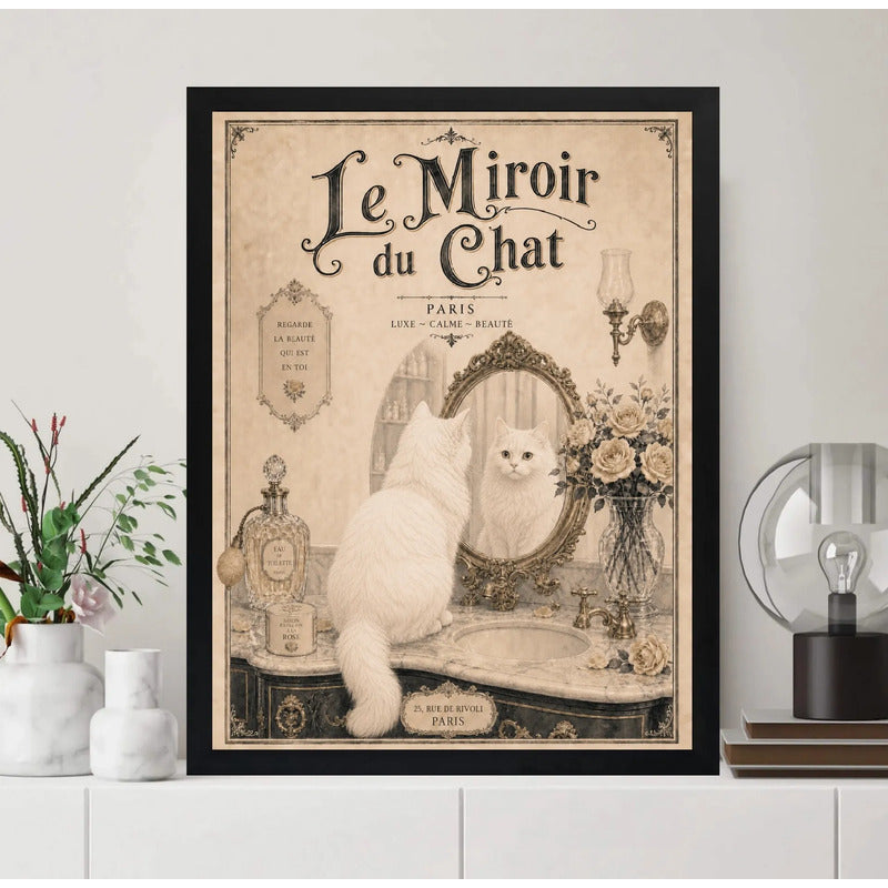 Cuadro Baño Gato Blanco Espejo Le Chat Blanc Paris Retro Art Marco Negro