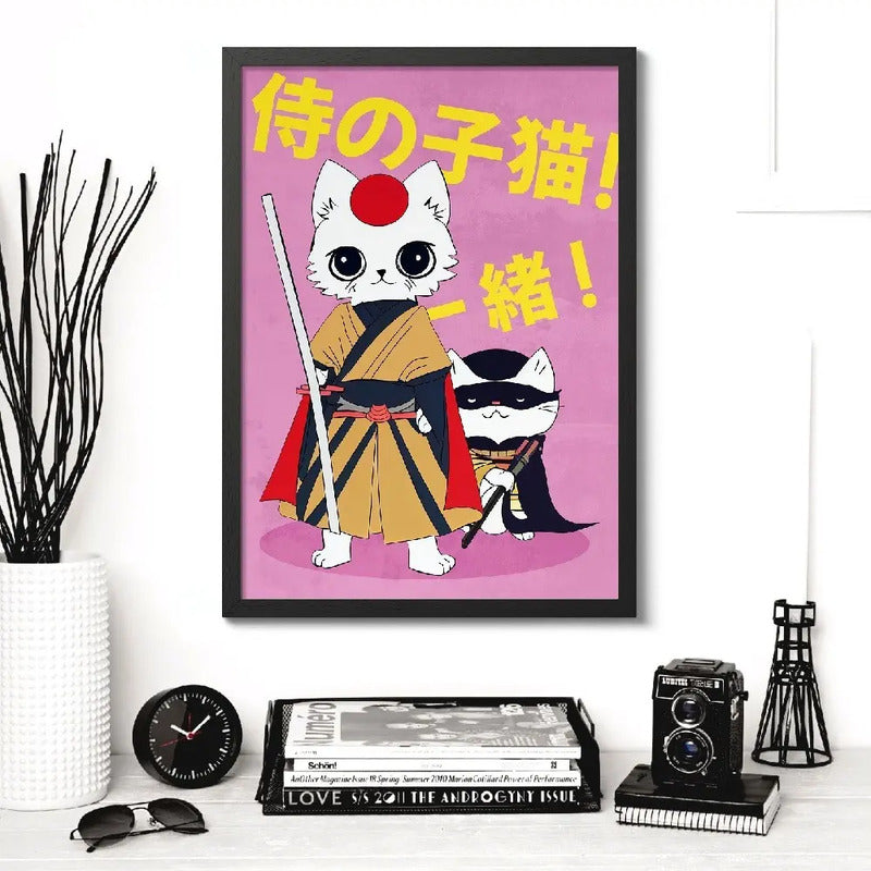 Cuadro Gato Samurai Ninja Art Japonés Anime Japón Decoracion Marco Negro
