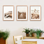 Set 3 Cuadros Paisajes De Playa Tonos Beige Neutros Dunas Marco Madera Natural Oak
