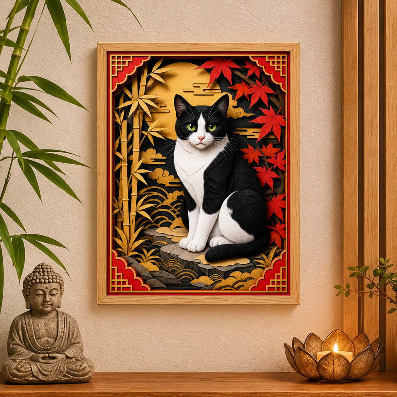 Cuadro Gato Bicolor Blanco Negro Efecto 3d Arte Japones Arce Marco Marrón Claro
