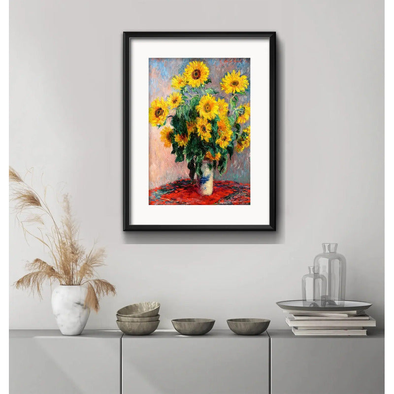 Cuadro Claude Monet Jarrón De Girasoles 53x43cm Con Paspartú Marco Negro