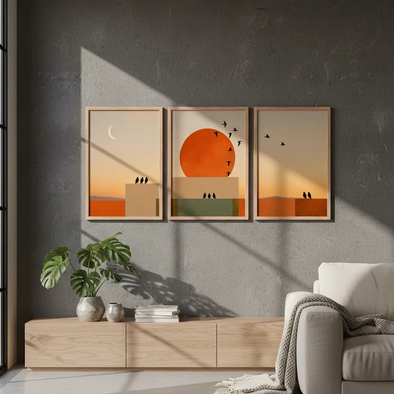 Set 3 Cuadros Dormitorio Living Boho Arte Abstracto Triptico Marco Marrón Claro