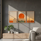 Set 3 Cuadros Dormitorio Living Boho Arte Abstracto Triptico Marco Marrón Claro