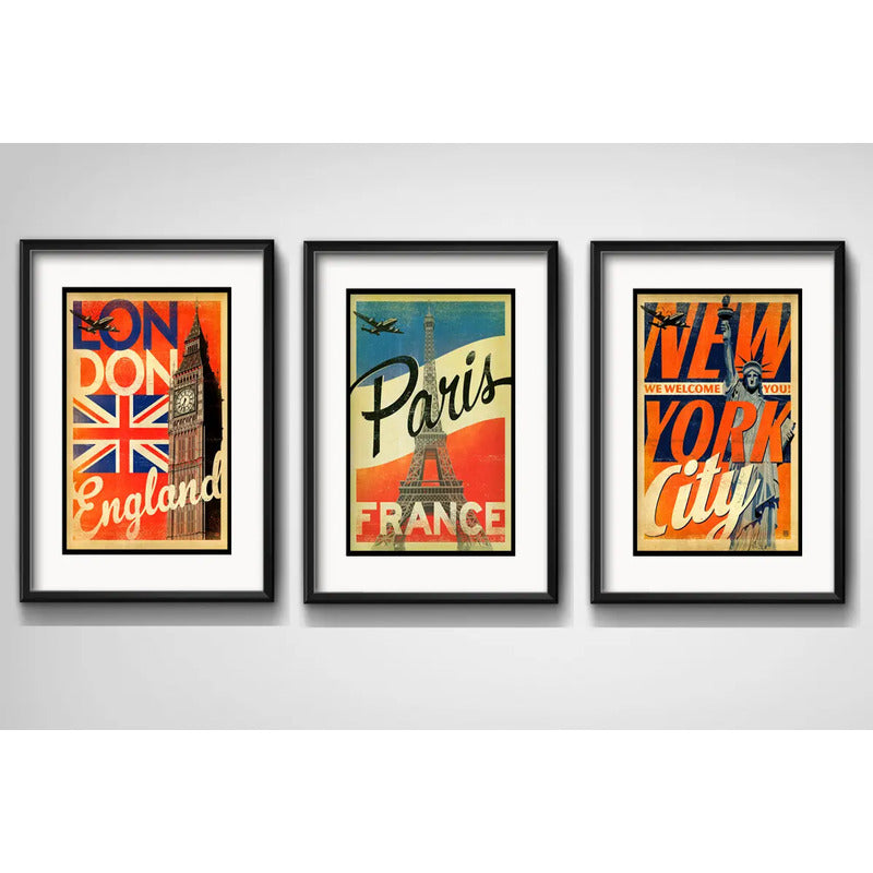 Set 3 Cuadros Londres Paris Nueva York Ciudades Con Paspartu