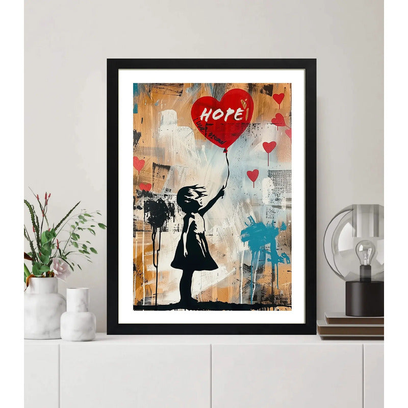 Cuadro Banksy Niña Con Globo Rojo Arte Urbano Callejera Marco Negro