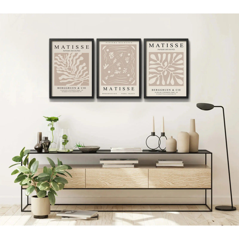 Set 3 Cuadros Dormitorio Living Matisse Tonos Beige Pastel Marco Negro
