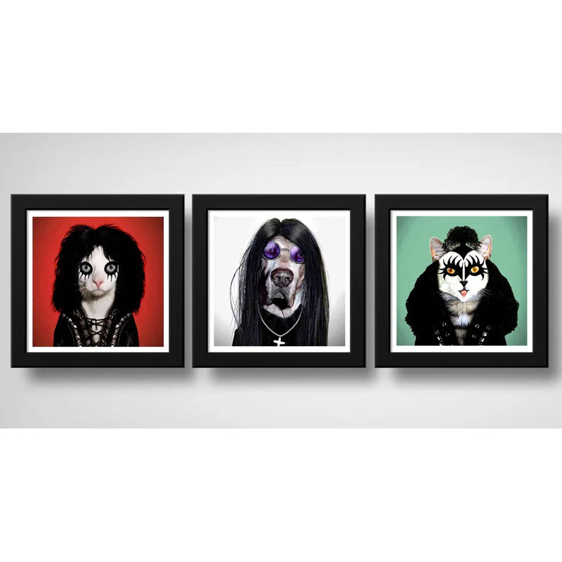 Set 3 Cuadros Perro Gato Metal Rock Kiss Ozzy Alice Cooper