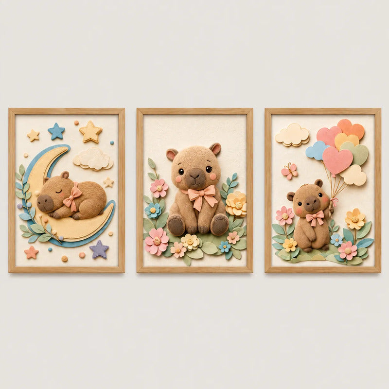 Set 3 Cuadros Infantil Bebe Carpincho Globos Flor Efecto 3d Marco Madera Oak Madera Clara