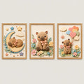 Set 3 Cuadros Infantil Bebe Carpincho Globos Flor Efecto 3d Marco Madera Oak Madera Clara