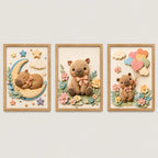 Set 3 Cuadros Infantil Bebe Carpincho Globos Flor Efecto 3d Marco Madera Oak Madera Clara
