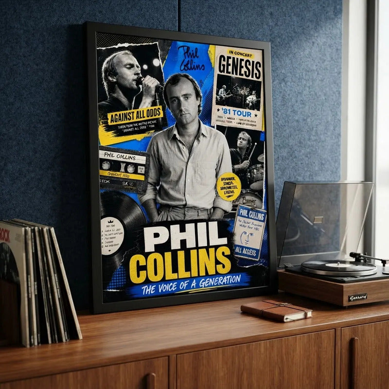 Cuadro Phil Collins Banda Genesis Batería Rock Arte Vintage Marco Negro