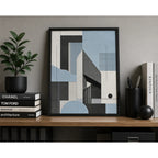 Cuadro Living Dormitorio Abstracto Arquitectónico Azul Gris Marco Negro