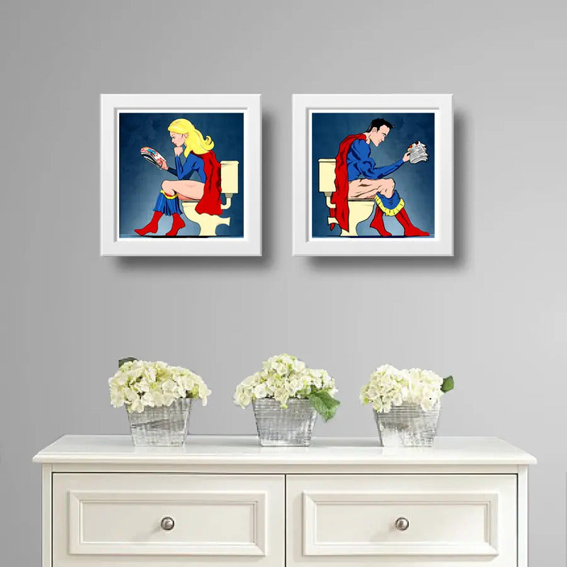 Set 2 Cuadros Superman Supergirl Baño Héroes Comics Decora