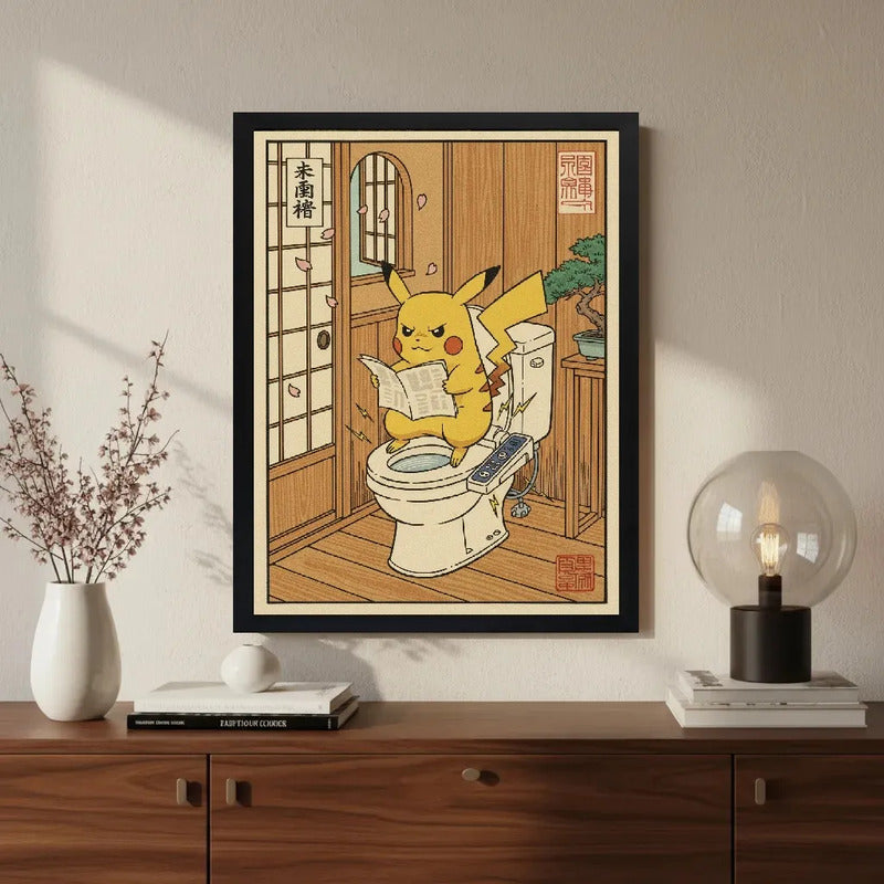 Cuadro Pikachu Bano Bonsai Arbol Japonés Pokemon Arte Anime Marco Negro
