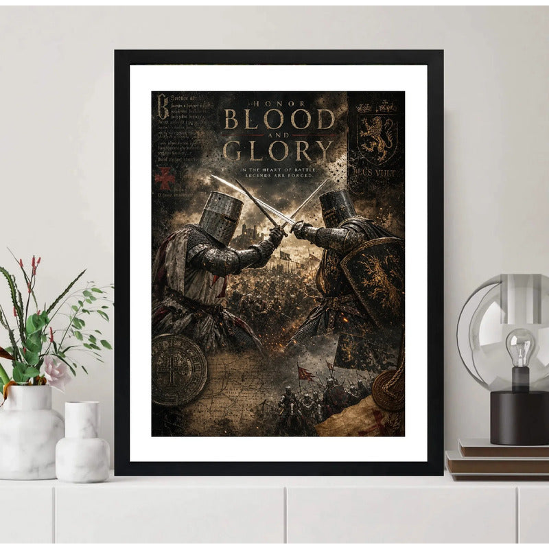 Cuadro Medieval Batalla Caballeros Armadura Arte Vintage Marco Negro