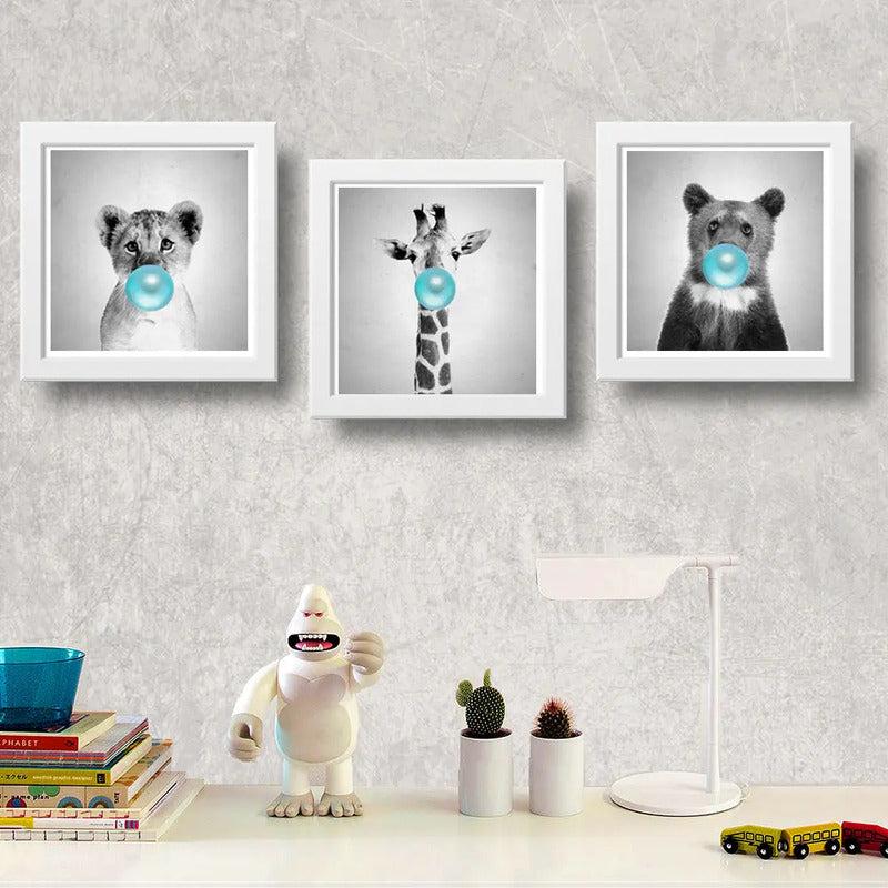 Set 3 Cuadros Leon Jirafa Oso Chicle Baby Animals Pop Art Marco Blanco