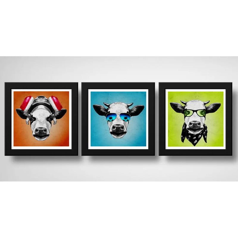 Set 3 Cuadros Vaca Hipster Pop Art Gafas Animales Decoracion