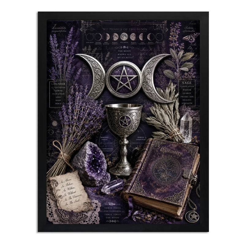 Cuadro Wicca Altar Místico Pentáculo Cristales Arte Vintage Marco Negro