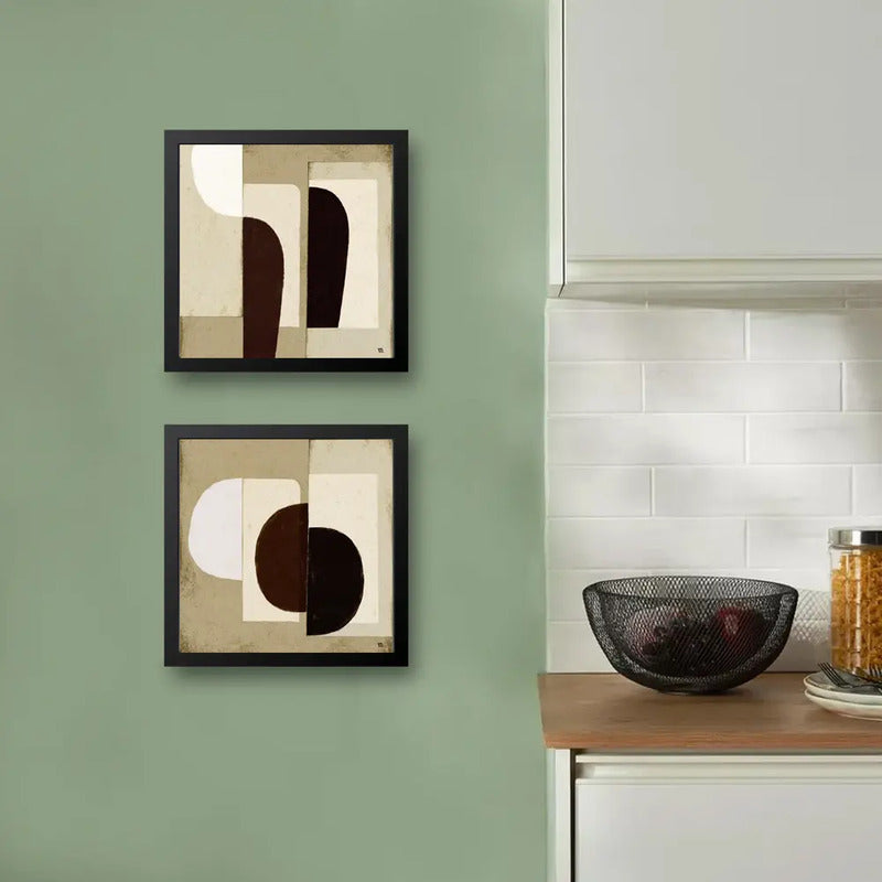 Set 2 Cuadros Dormitorio Living Boho Abstracto Tonos Beige Marco Negro