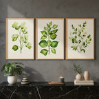 Set 3 Cuadros Dormitorio Living Hojas Verdes Plantas Suaves Marco Marrón Claro