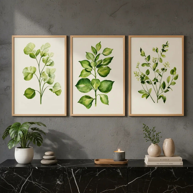 Set 3 Cuadros Dormitorio Living Hojas Verdes Plantas Suaves Marco Marrón Claro