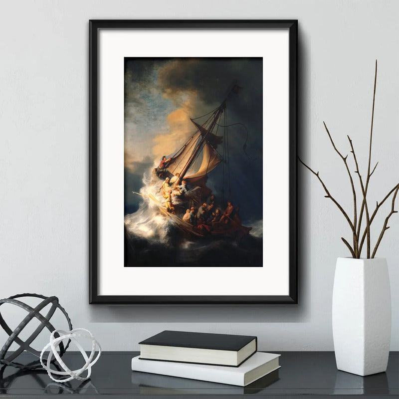 Cuadro Rembrandt Estilo Arte Barroco Decoracion Con Paspartú La Tormenta En El Mar De Galilea Con Marco Negro
