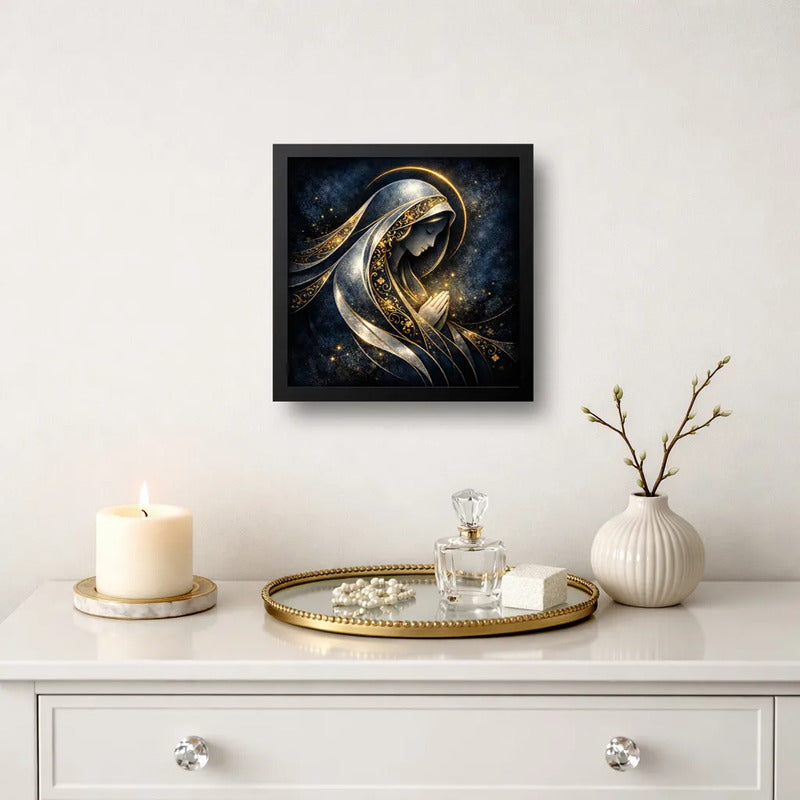 Cuadro La Virgen Maria Rezando Arte Oro Madre De Dios Jesús Marco Negro