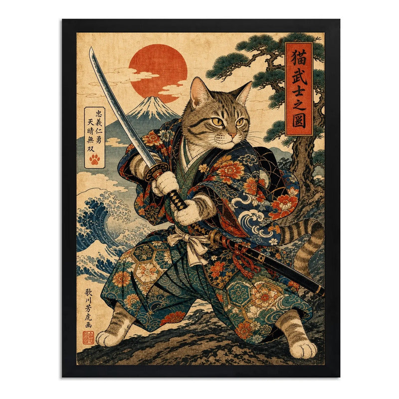 Cuadro Gato Samurai Ninja Japonés Arte Marcial Decoracion Marco Negro
