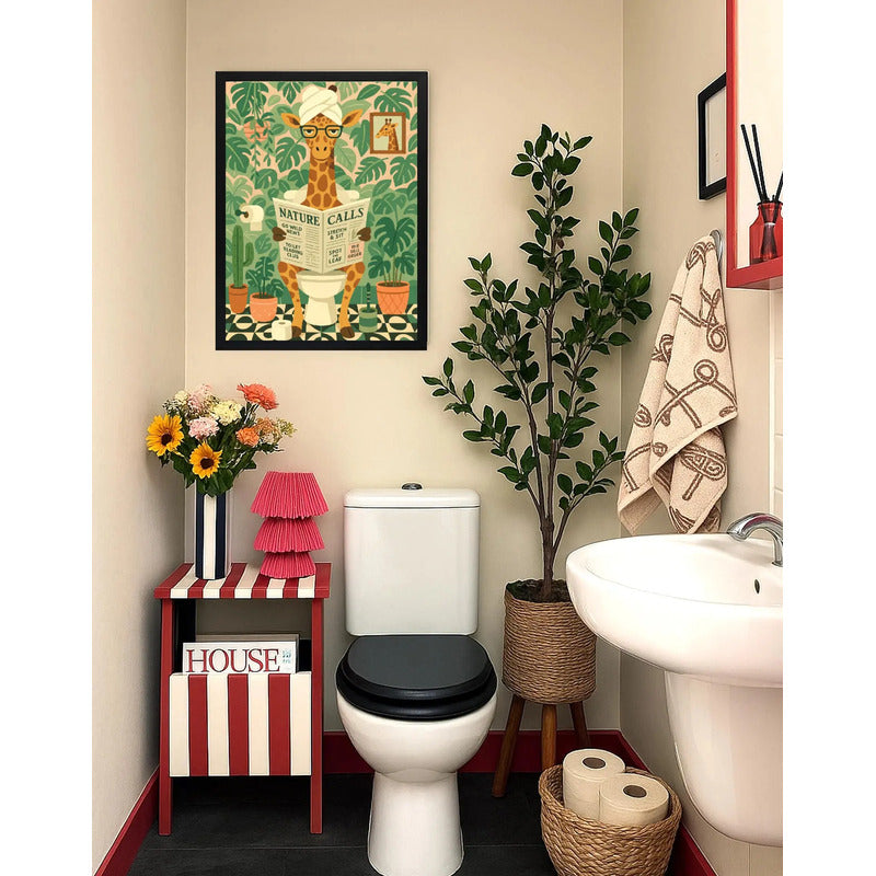 Cuadro Bano Jirafa Inodoro Boho Plantas Hojas Art Decoracion Marco Negro