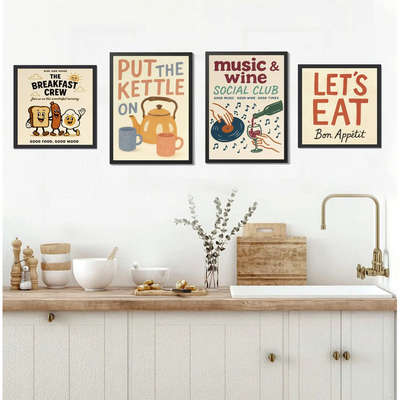 Wall 4 Cuadros Para Cocina Comedor Living Decoracion Moderna Frases Retro Vino Mate Te Desayuno Bon Appetit Con Marco Negro