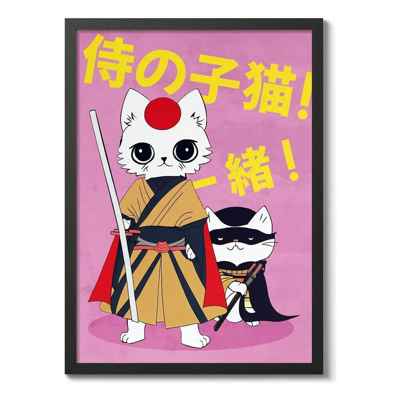 Cuadro Gato Samurai Ninja Art Japonés Anime Japón Decoracion Marco Negro