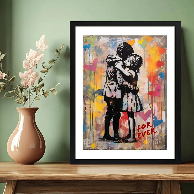 Cuadro Banksy Style Forever Love Amor Arte Urbano Decoracion Marco Negro