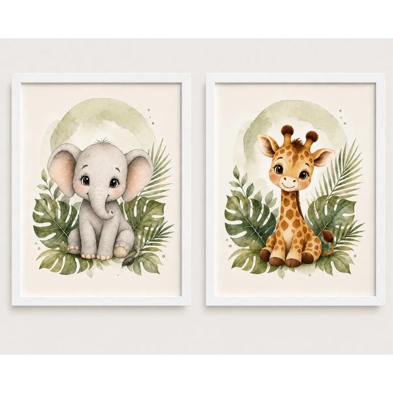 Set 2 Cuadros Dormitorio Infantil Animalitos Tonos Suaves Marco Blanco